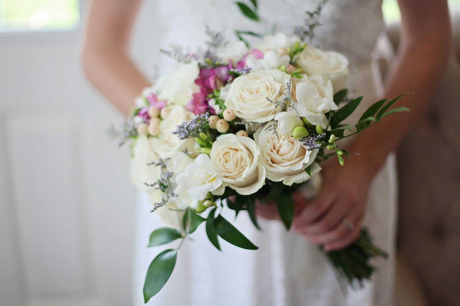 Beautiful wedding bouquet with white and pink roses